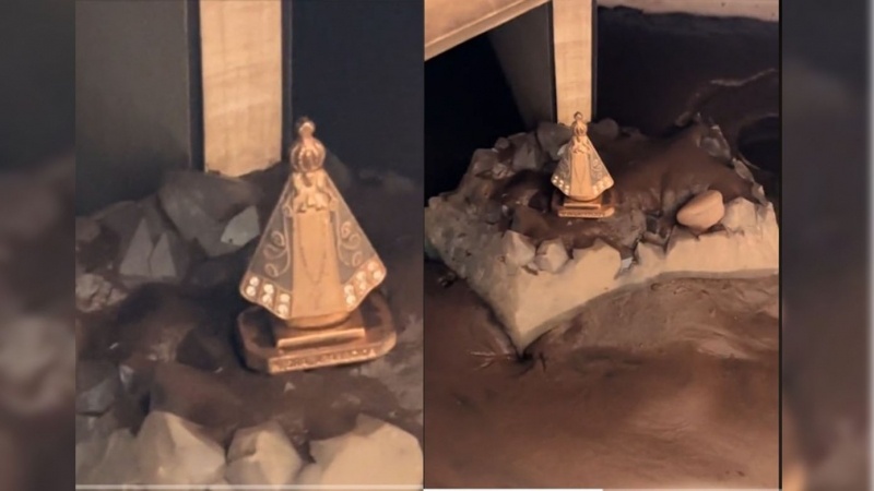 VÍDEO: imagem de Nossa Senhora Aparecida é encontrada intacta em balcão de padaria atingida por enchente em Roca Sales (RS)