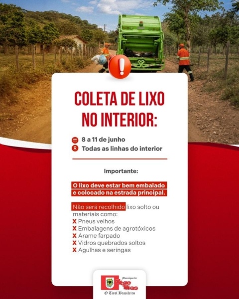 Coleta de lixo no interior acontece na próxima semana em Treze Tílias
