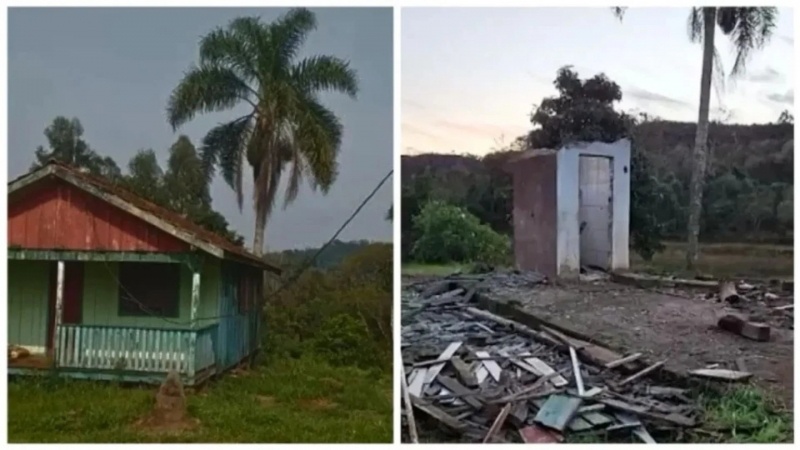 Criminosos desmontam casa de madeira e só deixam o banheiro para trás