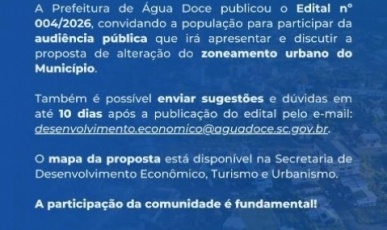 Audiência pública para discutir alteração de zoneamento acontece hoje (13) em Água Doce