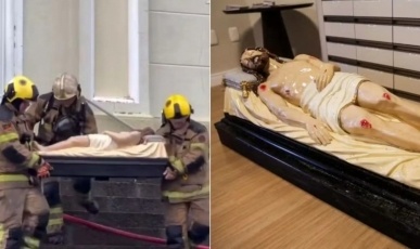 Imagem de Cristo Morto é retirada intacta após incêndio na igreja no RS