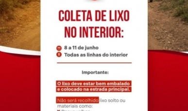 Coleta de lixo no interior acontece na próxima semana em Treze Tílias