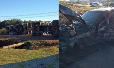 Acidente com carreta carregada com madeira interdita totalmente a BR-470 em Campos Novos