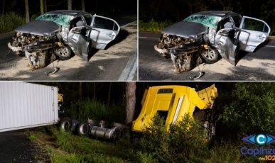 Colisão frontal entre carro e caminhão deixa motorista gravemente ferido na BR-470, em Campos Novos